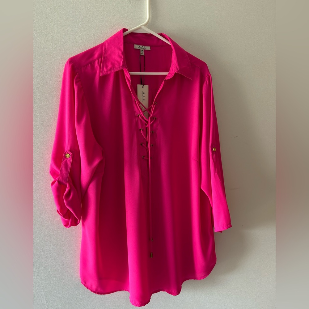 MPH Oversized Lace-Up Silky Blouse. Convertible Sleeves 2X Plus Size Big&Tall